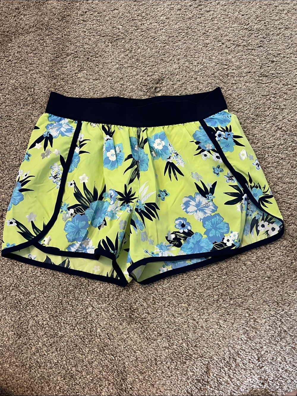 Justice Lime Green Floral Athletic Shorts with Navy Trim